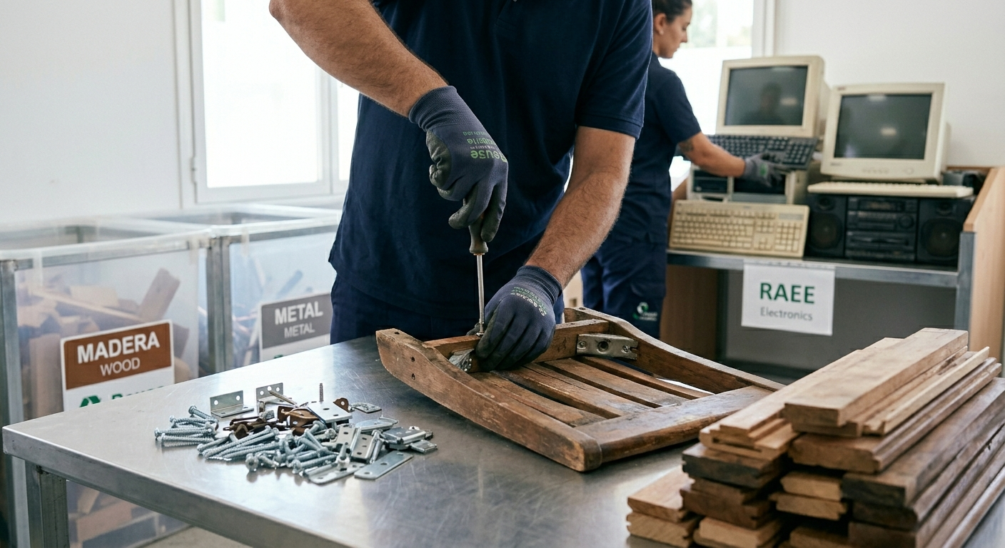 Operario de Reuse Cantabria separando metal de madera y apilando RAEE (residuos electrónicos) de forma organizada en un centro de gestión