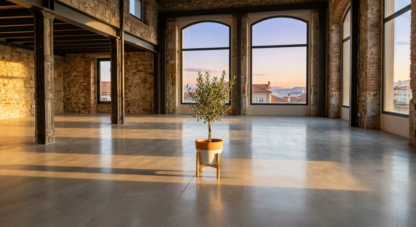 Local comercial diáfano en Cantabria tras un proceso de gestión de residuos de Reuse Cantabria, con un olivo en el centro iluminado por el atardecer, simbolizando un nuevo comienzo.