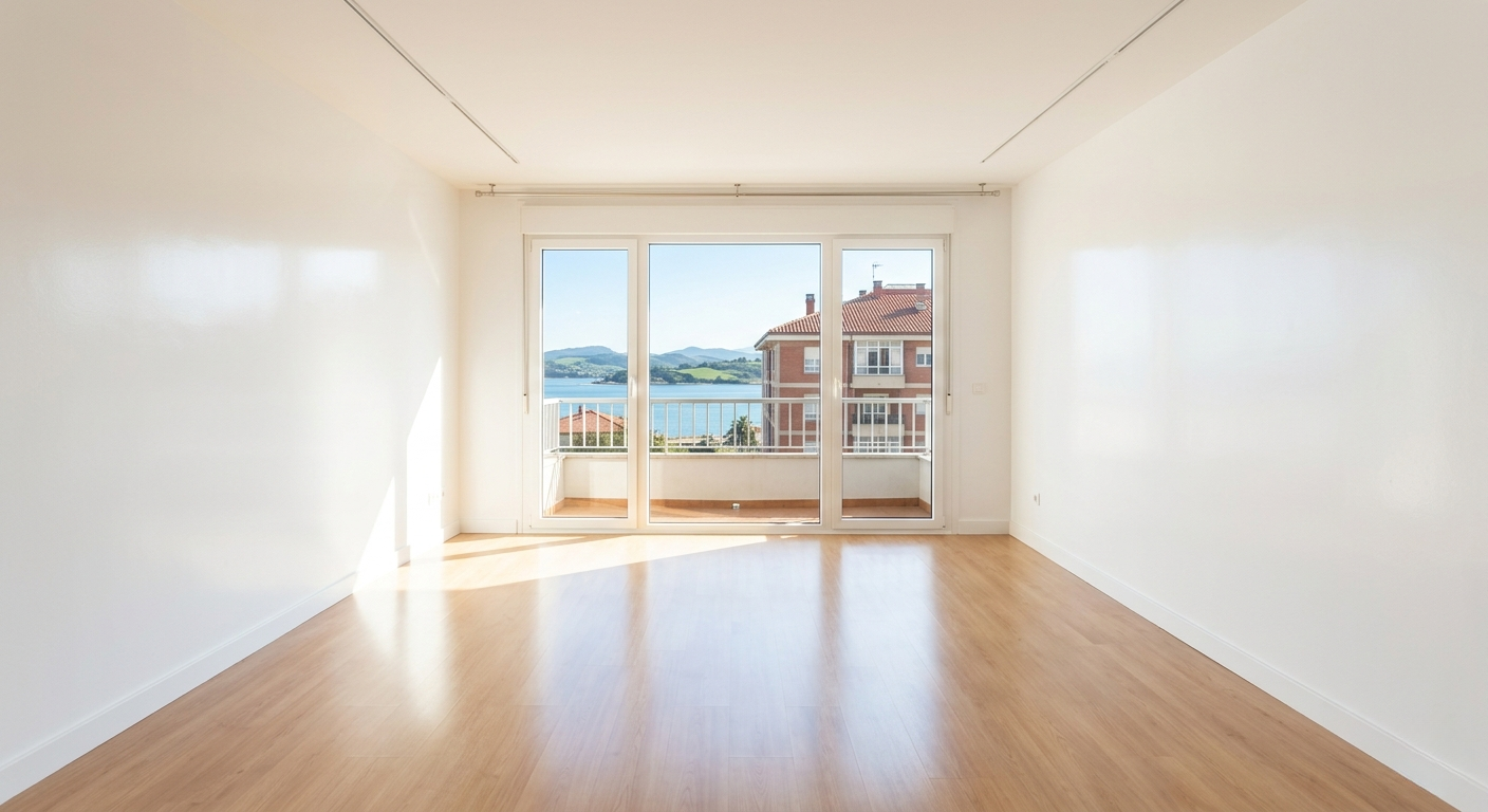 Interior impecable de un salón de piso vacío y muy luminoso en Santander con vistas a la Bahía tras el vaciado de pisos profesional